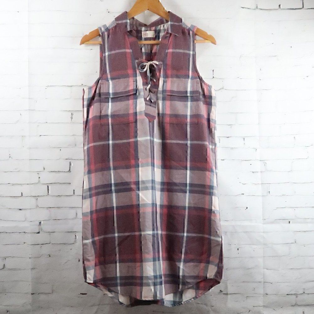 SO RED WHITE & BLUE PLAID SLEEVELESS LACE UP FRONT V NECK SHIRT DRESS SIZE SMALL